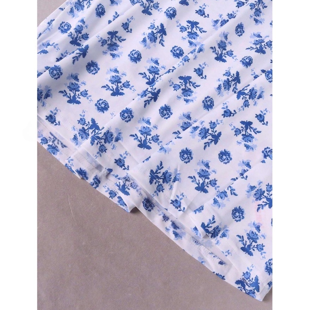 Floral Print Blue on White Long Dress Sheath, Drawstring Ties Maxi Stretchy - Picture 11 of 13